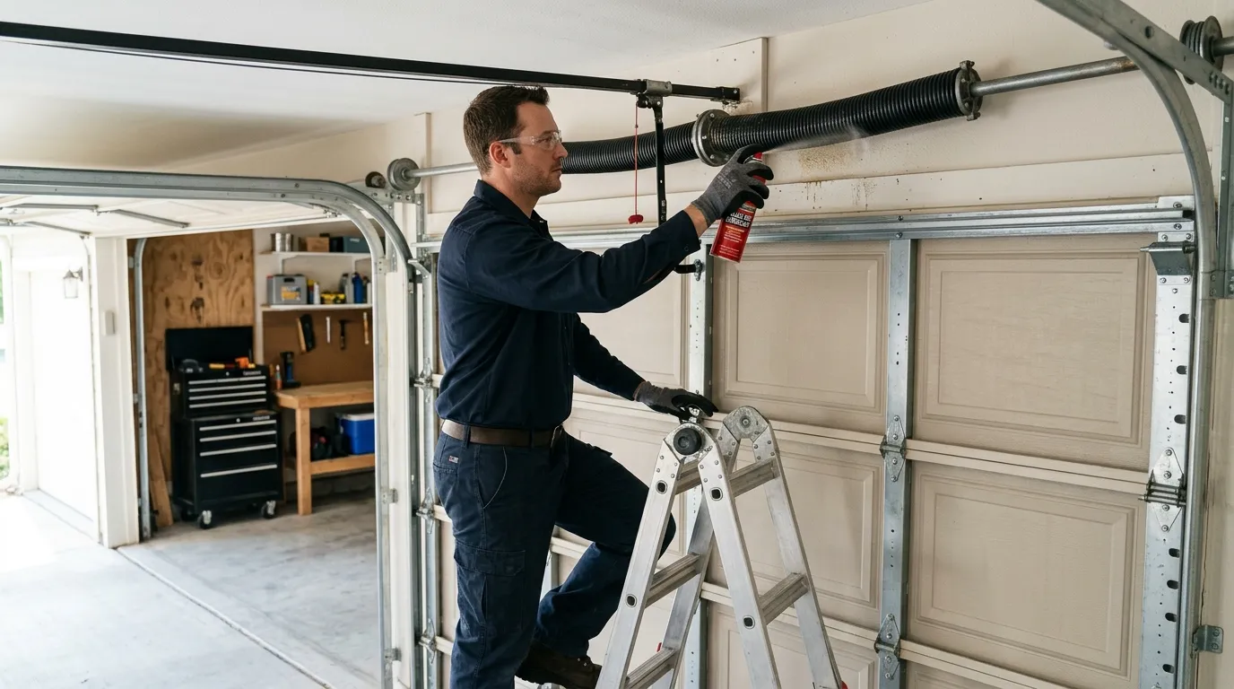 Garage door technician inspecting springs rollers tracks and opener